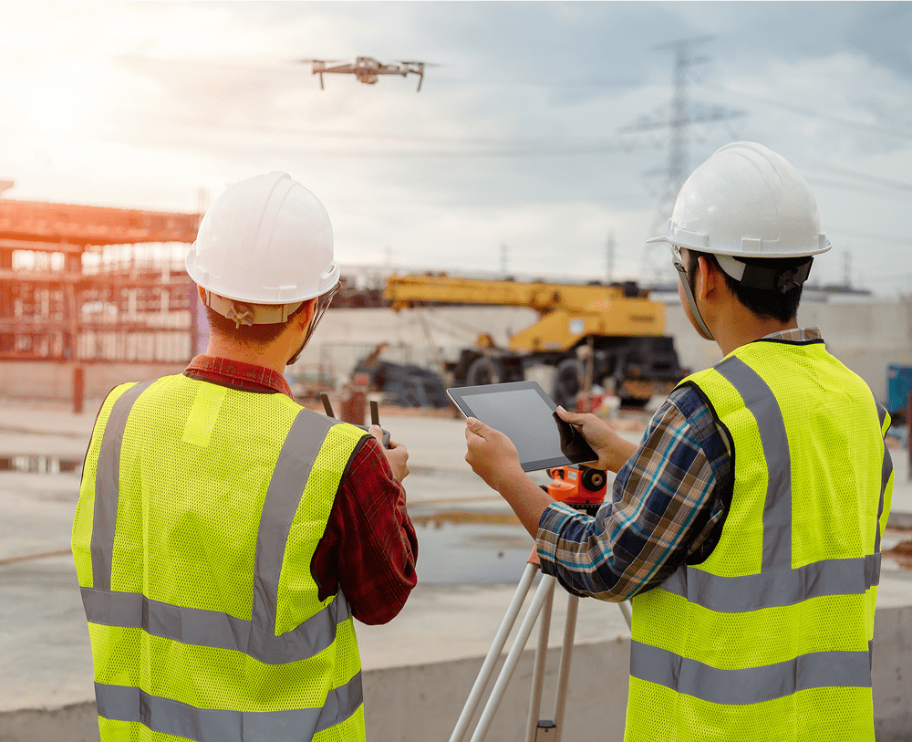Workers monitor construction site with tablet
