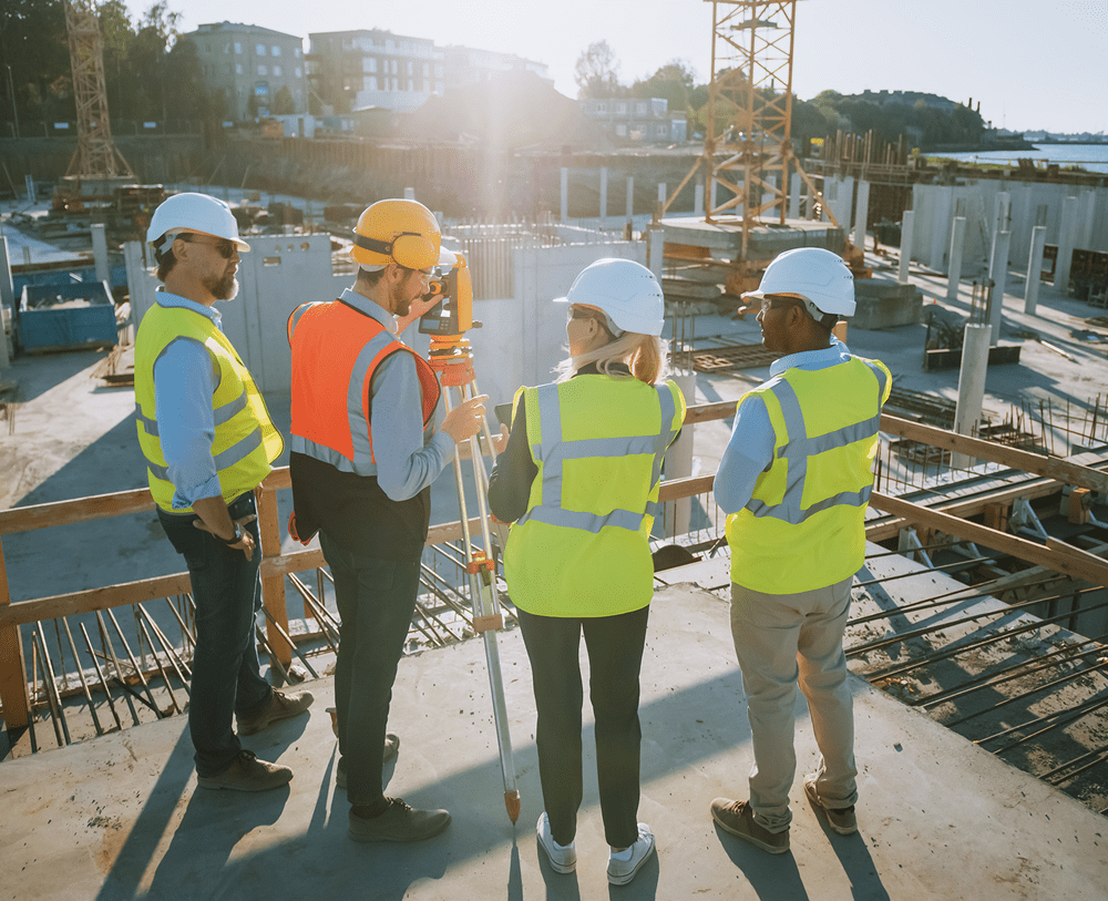 Construction team discussing building plans