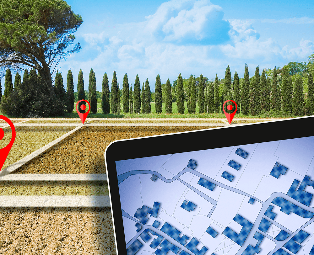 GPS markers on farmland with trees