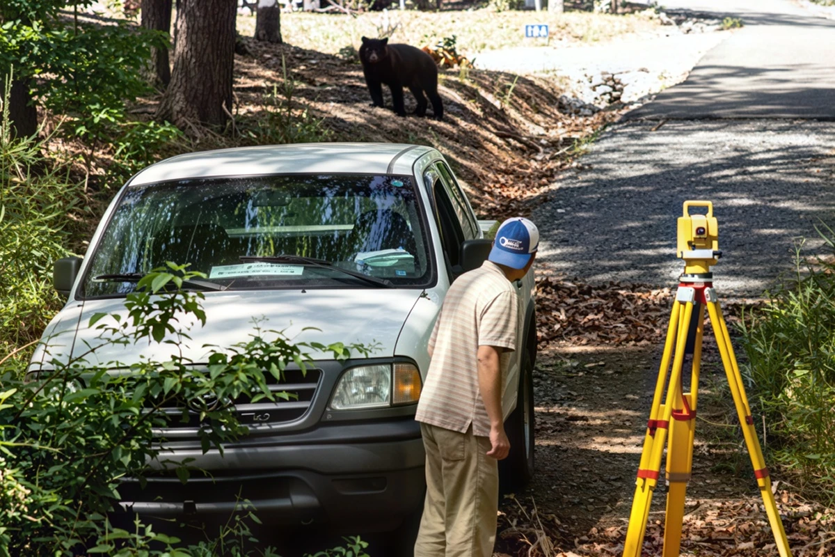 Man observing bear from roadside near vehicle.