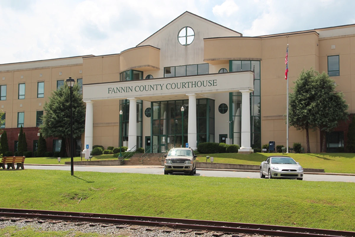 Fannin County Courthouse building with parked cars.