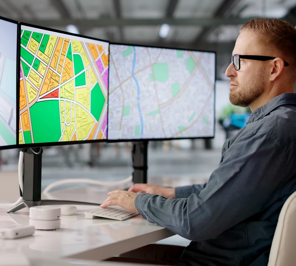 Man analyzing maps on dual monitors.