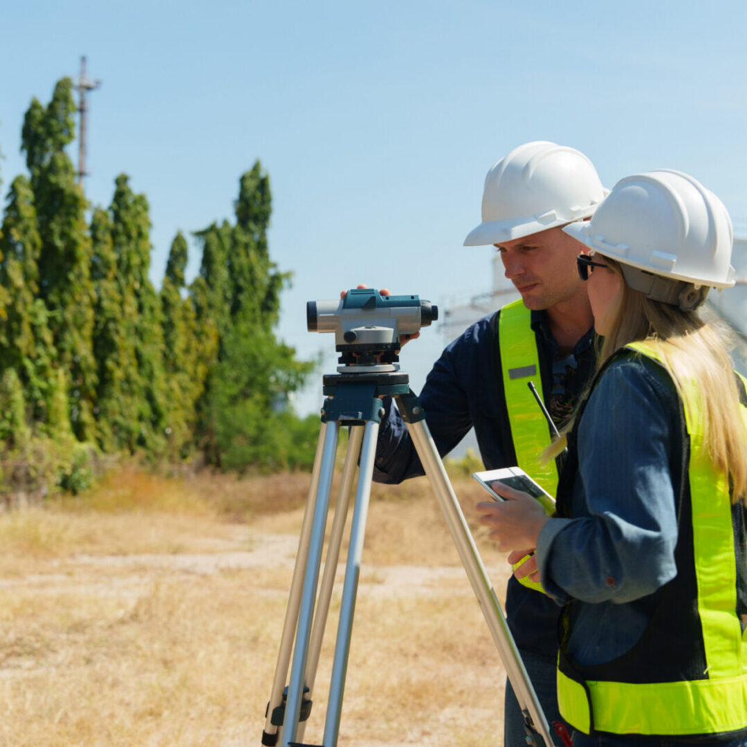 Surveyors using equipment in a grassy field.