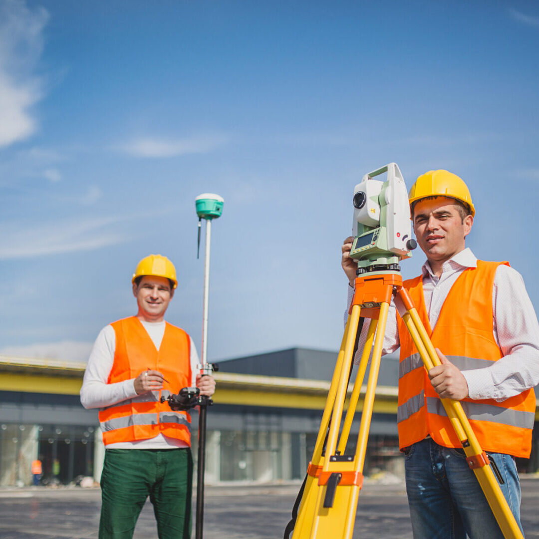 Surveyors in safety gear using equipment outdoors.